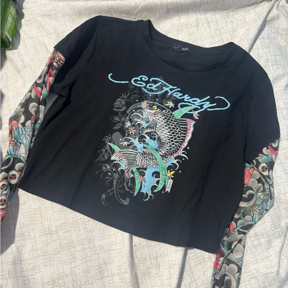 Ed Hardy Black Graphic Long Sleeve Top